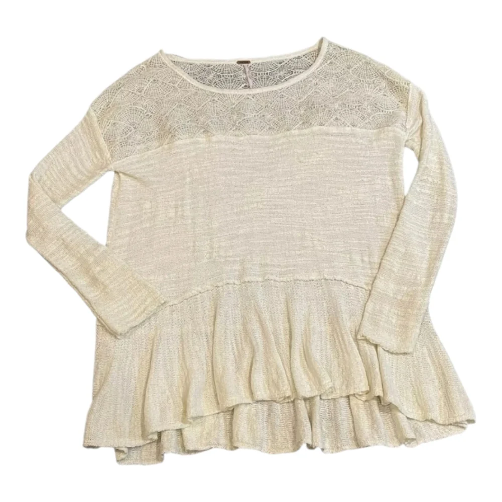 Free People Kristobel Ruffled Lagan Knit Sweater,‎ Cream, size XS